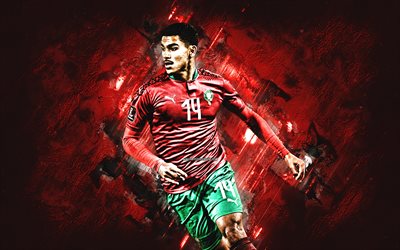 zakaria abukhlal, fußballnationalmannschaft marokkos, roter steinhintergrund, marokkanischer fußballspieler, grunge kunst, marokko, fußball
