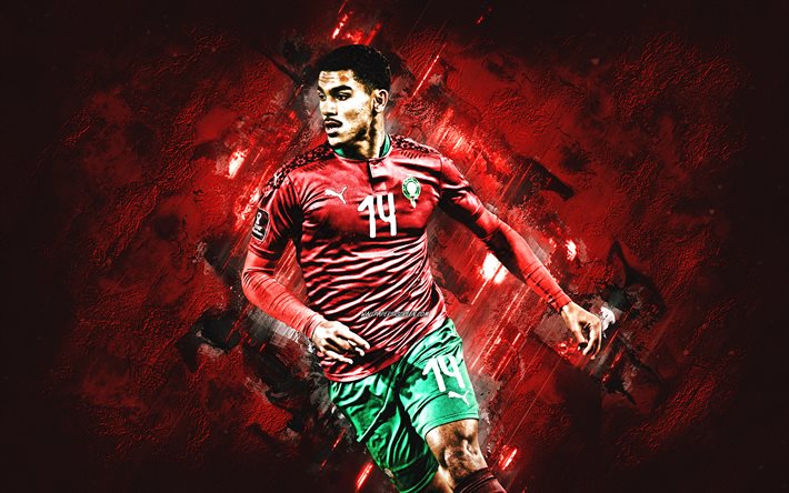 ザカリア・アブフラル, サッカーモロッコ代表, 赤い石の背景, モロッコのサッカー選手, グランジアート, モロッコ, フットボール