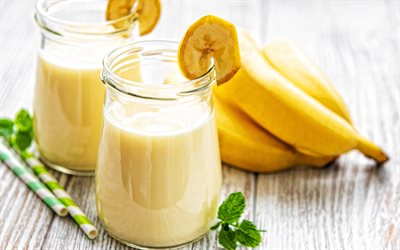 bananen joghurt, 4k, milchprodukte, fruchtjoghurt, bananen, gelber joghurt, joghurtgläser