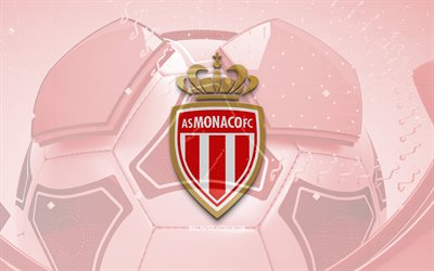 AS Monaco glossy logo, 4K, red football background, Ligue 1, soccer, french football club, AS Monaco 3D logo, AS Monaco emblem, Monaco FC, football, sports logo, AS Monaco