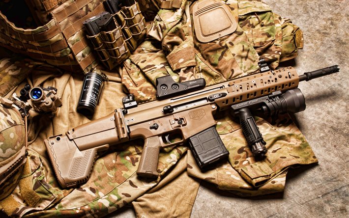 FN SCAR, 4k, assault rifle, army uniform, grenade, rifles, military weapon, camouflage, Combat Assault Rifle
