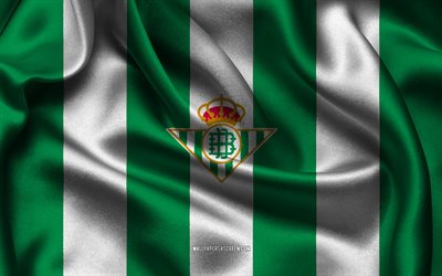 4k, logo du real betis, tissu de soie blanc vert, équipe espagnole de football, emblème du real betis, la ligue, real betis, espagne, football, drapeau du real betis