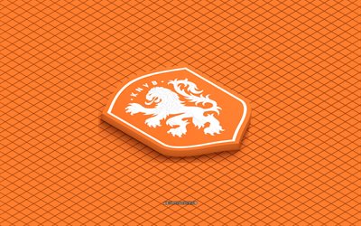 4k, logo isometrico della squadra nazionale di calcio olandese, arte 3d, arte isometrica, nazionale di calcio olandese, sfondo arancione, olanda, calcio, emblema isometrico