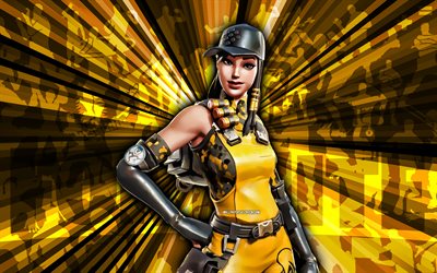 4k, Outcast Fortnite, yellow rays background, Outcast Skin, abstract art, Fortnite Outcast Skin, Fortnite characters, Outcast, Fortnite, creative art