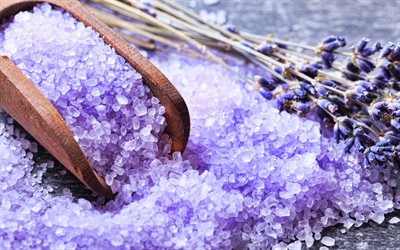 4k, purple sea salt, spa accessories, lavender salt, wellness, skin health, spa concepts, lavender bath salt, lavender branch