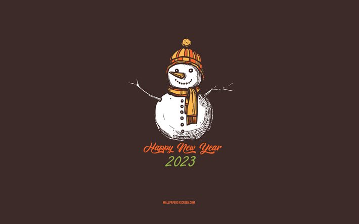 4k, gott nytt år 2023, bakgrund med snögubbe, 2023 koncept, 2023 gott nytt år, snögubbe skiss, 2023 minimal konst, snögubbe, brun bakgrund, 2023 gratulationskort, 2023 snögubbe bakgrund