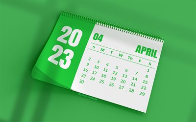 aprilkalender 2023, 4k, grön skrivbordskalender, 3d konst, gröna bakgrunder, april, 2023 kalendrar, vårens kalendrar, april 2023 kalender, 2023 företags aprilkalender, 2023 skrivbordskalendrar