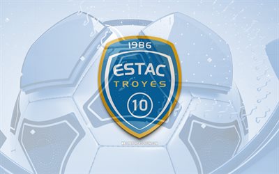 ES Troyes AC glossy logo, 4K, blue football background, Ligue 1, soccer, french football club, ES Troyes AC 3D logo, ES Troyes AC emblem, Troyes FC, football, sports logo, ES Troyes AC