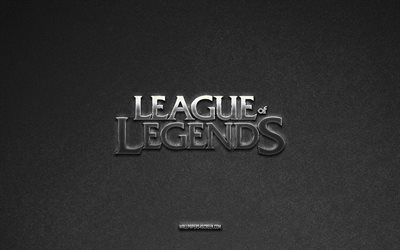 league of legends logotyp, spelmärken, grå sten bakgrund, league of legends emblem, spellogotyper, league of legends, spel tecken, league of legends metalllogotyp, sten textur