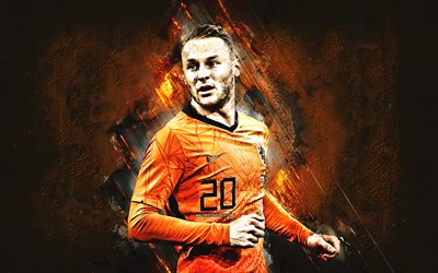 Teun Koopmeiners, Netherlands national football team, portrait, orange stone background, dutch footballer, midfielder, Netherlands, football