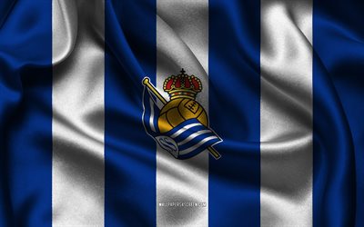 4k, real sociedad logotyp, blåvitt sidentyg, spanska fotbollslaget, riktigt sociedad emblem, la liga, real sociedad, spanien, fotboll, real sociedad flagga