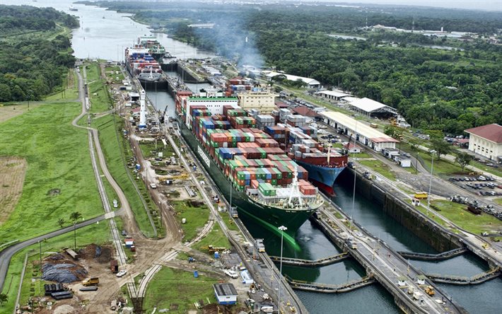 panamakanalen, 4k, containerfartyg, lkw, fraktfartyg, fraktkanal, godstransport, transportkoncept, fartyg, panama