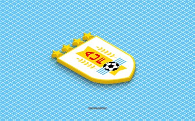 4k, isometrisches logo der uruguayischen fußballnationalmannschaft, 3d kunst, isometrische kunst, uruguayische fußballnationalmannschaft, blauer hintergrund, uruguay, fußball, isometrisches emblem