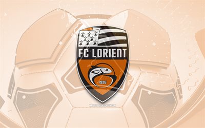fc lorient glansig logotyp, 4k, orange fotboll bakgrund, ligue 1, fotboll, fransk fotbollsklubb, fc lorient 3d logotyp, fc lorient emblem, lorient fc, sport logotyp, fc lorient
