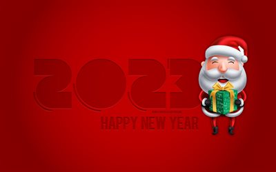 4k, fundo do papai noel 2023, feliz ano novo 2023, natal, 2023 conceitos, fundo vermelho 2023, 2023 feliz ano novo 2023, papai noel com presentes, cartão de 2023