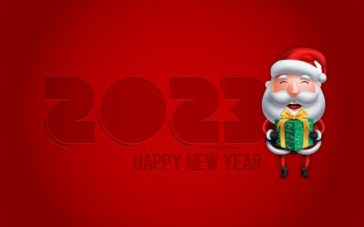 4k, 2023 weihnachtsmann hintergrund, frohes neues jahr 2023, weihnachten, 2023 konzepte, roter hintergrund 2023, 2023 frohes neues jahr 2023, weihnachtsmann mit geschenken, grußkarte 2023