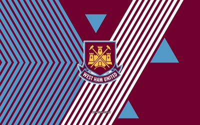 ウェストハム・ユナイテッドfcのロゴ, 4k, イングランドのサッカーチーム, 青いあずき色の線の背景, ウェスト・ハム・ユナイテッドfc, プレミアリーグ, イングランド, 線画, ウェストハム・ユナイテッドfcのエンブレム, フットボール, ウェストハム・ユナイテッド