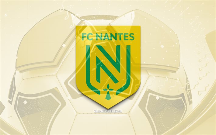 FC Nantes glossy logo, 4K, yellow football background, Ligue 1, soccer, french football club, FC Nantes 3D logo, FC Nantes emblem, Nantes FC, football, sports logo, FC Nantes