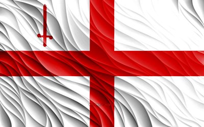 ロンドン市の旗, 4k, 絹の 3d 旗, イングランドの郡, ロンドン市の日, 3dファブリックウェーブ, 絹の波状の旗, 英語の郡, ロンドン市, イングランド