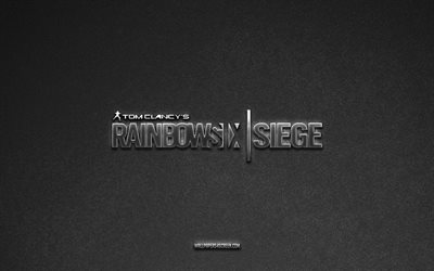 Rainbow Six Siege logo, games brands, gray stone background, Rainbow Six Siege emblem, games logos, Rainbow Six Siege, games signs, Rainbow Six Siege metal logo, stone texture, Tom Clancys