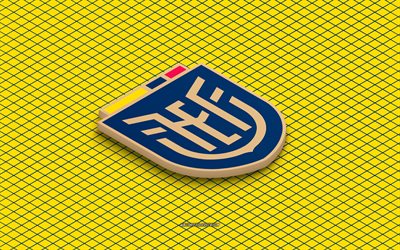 4k, logo isometrico della nazionale di calcio dell'ecuador, arte 3d, arte isometrica, nazionale di calcio dell'ecuador, sfondo giallo, ecuador, calcio, emblema isometrico