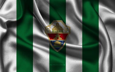 4k, logo elche cf, tessuto di seta bianco verde, squadra di calcio spagnola, stemma dell'elche cf, la liga, elche cf, spagna, calcio, bandiera dell'elche cf, elche fc