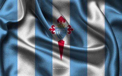 4k, logótipo do rc celta de vigo, tecido de seda branco azul, time de futebol espanhol, emblema do rc celta de vigo, la liga, rc celta de vigo, espanha, futebol, bandeira do rc celta de vigo, celta