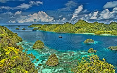 4k, Raja Ampat Islands, vector art, Indonesia, tropical islands, Four Kings, Raja Ampat, Melanesia, archipelago, Raja Ampat Islands drawings