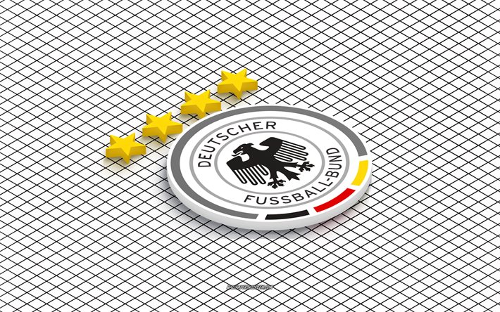 4k, logotipo isométrico del equipo nacional de fútbol de alemania, arte 3d, arte isometrico, selección de fútbol de alemania, fondo blanco, alemania, fútbol, emblema isométrico