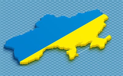 ucrania mapa 3d, 4k, fondo de cuadrados azules, europa, mapas isometricos, bandera de ucrania, bandera ucraniana, silueta de mapa de ucrania, mapa ucraniano con bandera, mapa de ucrania, mapas 3d