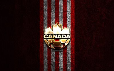 कनाडा की राष्ट्रीय फ़ुटबॉल टीम का गोल्डन लोगो, 4k, लाल पत्थर की पृष्ठभूमि, concacaf, राष्ट्रीय टीमें, कनाडा की राष्ट्रीय फ़ुटबॉल टीम का लोगो, फ़ुटबॉल, कनाडा की फुटबॉल टीम, कनाडा की राष्ट्रीय फुटबॉल टीम
