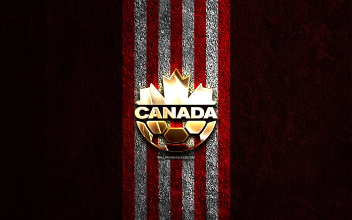 サッカー カナダ代表チームのゴールデン ロゴ, 4k, 赤い石の背景, コンカカフェ, 代表チーム, サッカー カナダ代表チームのロゴ, サッカー, カナダのサッカー チーム, フットボール, サッカー カナダ代表