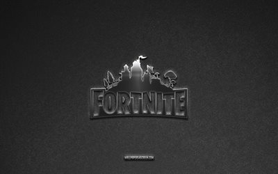 Fortnite logo, games brands, gray stone background, Fortnite emblem, games logos, Fortnite, games signs, Fortnite metal logo, stone texture
