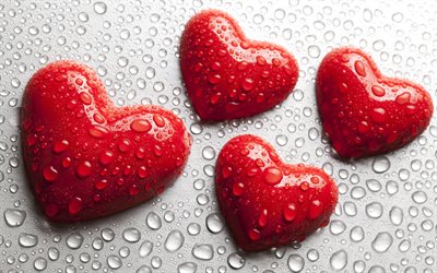 röda 3d hjärtan, 4k, dagg, vattendroppar, kärlekskoncept, 3d hjärtan, fyra hjärtan, bokeh, hjärtan