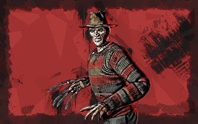 freddy kruger, 4k, grunge art, mortal kombat mobile, créatif, mkm, combat mortel, mk mobile, fond grunge rouge, combat mortel x, mortal kombat de freddy krueger