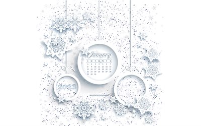 calendrier janvier 2023, 4k, fond d'hiver blanc, fond de flocons de neige blancs, modèle d'hiver, calendriers 2023, janvier, calendriers d'hiver, fond avec des flocons de neige blancs