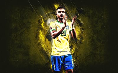 rodrygo va, équipe du brésil de football, joueur de football brésilien, le buteur, portrait, fond de pierre jaune, brésil, football, art grunge
