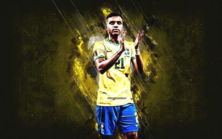 rodrygo va, selección de fútbol de brasil, futbolista brasileño, huelguista, retrato, fondo de piedra amarilla, brasil, fútbol, arte grunge