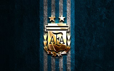logo dorato della nazionale di calcio dell'argentina, 4k, sfondo di pietra blu, conmebol, squadre nazionali, logo della nazionale di calcio dell'argentina, calcio, squadra di calcio argentina, nazionale di calcio dell'argentina