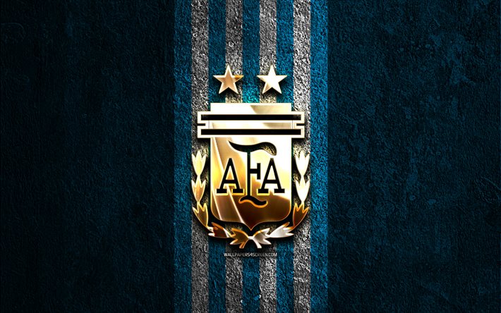 logo doré de l'équipe nationale argentine de football, 4k, fond de pierre bleue, conmébol, équipes nationales, logo de l'équipe nationale argentine de football, football, équipe argentine de football, équipe d'argentine de football
