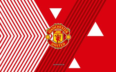 Manchester United FC logo, 4k, English football team, red white lines background, Manchester Utd FC, Premier League, England, line art, Manchester Utd FC emblem, football, Manchester Utd