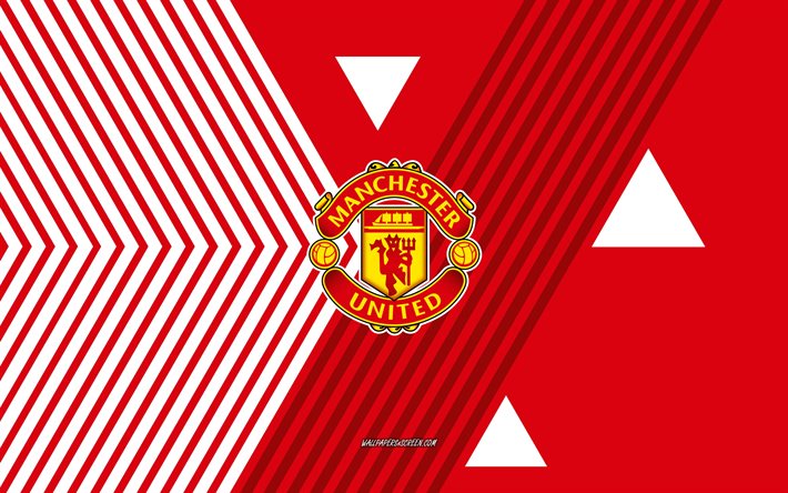 manchester united fc logotyp, 4k, engelska fotbollslaget, röda vita linjer bakgrund, manchester utd fc, elitserien, england, linjekonst, manchester utd fc emblem, fotboll, manchester utd