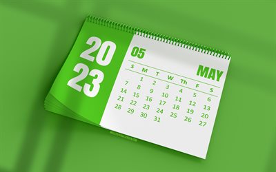 calendario mayo 2023, 4k, calendario de escritorio verde, arte 3d, fondos verdes, mayo, calendarios 2023, calendarios de primavera, calendario comercial de mayo de 2023, calendarios de escritorio 2023