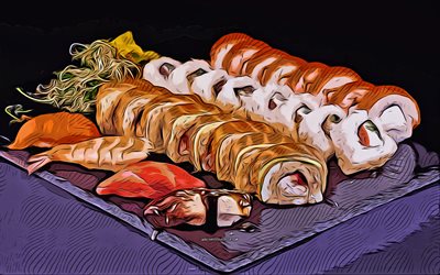 4k, sushi, rouleaux, nourriture japonaise, art vectoriel, fond de sushis, art des sushis, sortes de sushis