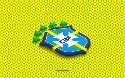 4k, isometrisches logo der brasilianischen fußballnationalmannschaft, 3d kunst, isometrische kunst, brasilianische fußballnationalmannschaft, gelber hintergrund, brasilien, fußball, isometrisches emblem
