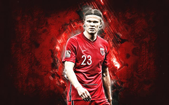 Erling Braut Haaland, Norway national football team, portrait, red stone background, Norwegian footballer, striker, Erling Haaland, grunge art, Norway, football