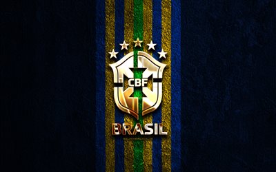logo dorato della nazionale di calcio del brasile, 4k, sfondo di pietra blu, conmebol, squadre nazionali, logo della nazionale di calcio brasiliana, calcio, squadra di calcio brasiliana, nazionale di calcio del brasile