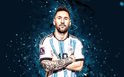 Lionel Messi, 4k, Argentina National Football Team, blue neon lights, soccer, footballers, red abstract background, Leo Messi, Argentinean football team, 2022, Lionel Messi 4K