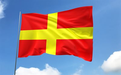 messina flag no flagpole, 4k, cidades italianas, céu azul, bandeira de messina, bandeiras onduladas de cetim, messina flag, cidades da itália, massacre com sinalizadores, dia de messina, itália, messina