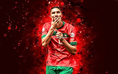 achraf hakimi, 4k, rote neonlichter, marokko  nationalfußballmannschaft, caf, marokko, marokkanische fußballer, fußball, nationalmannschaften, achraf hakimi 4k